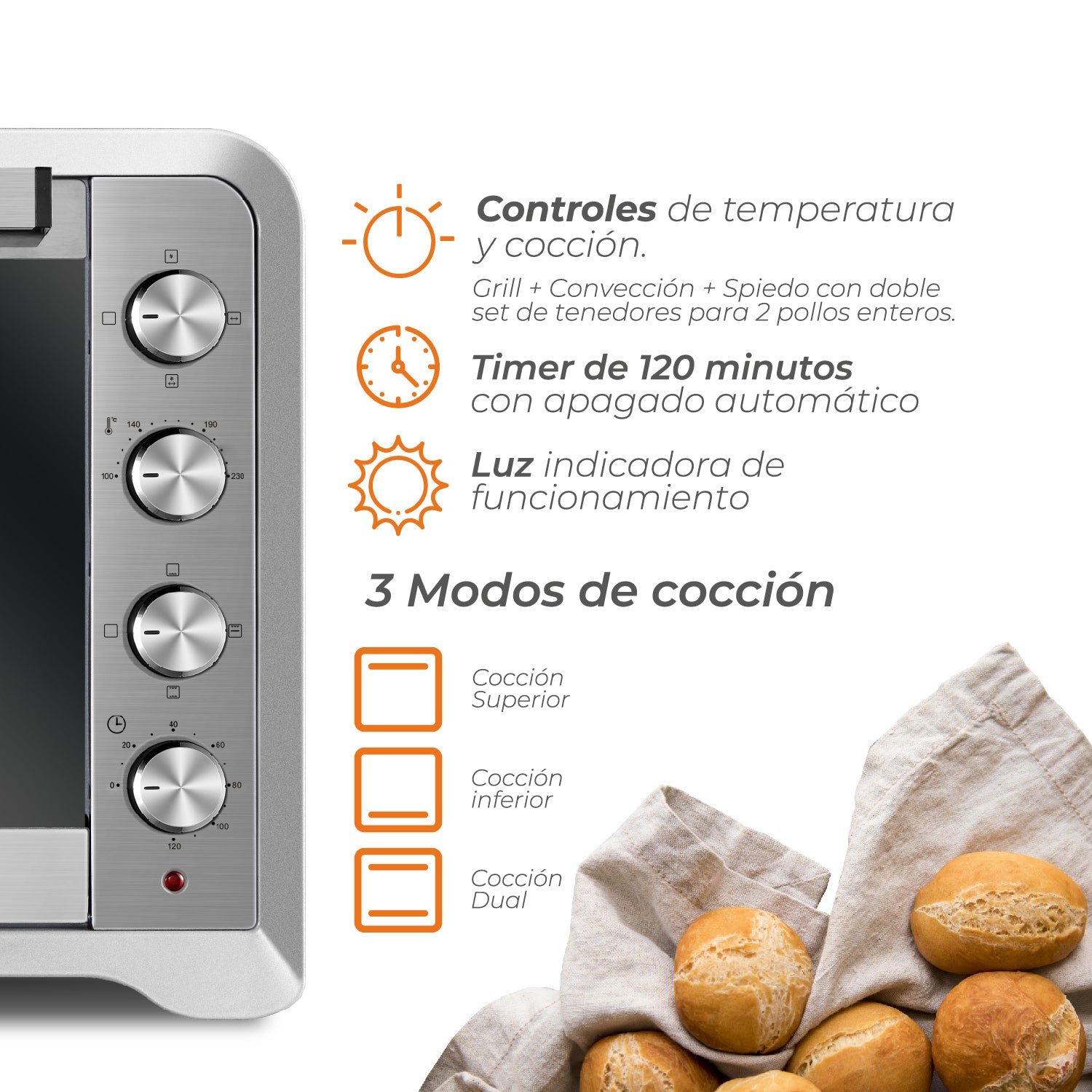Horno Eléctrico 100L Silver Series + Puerta doble vidrio, Convección y Spiedo