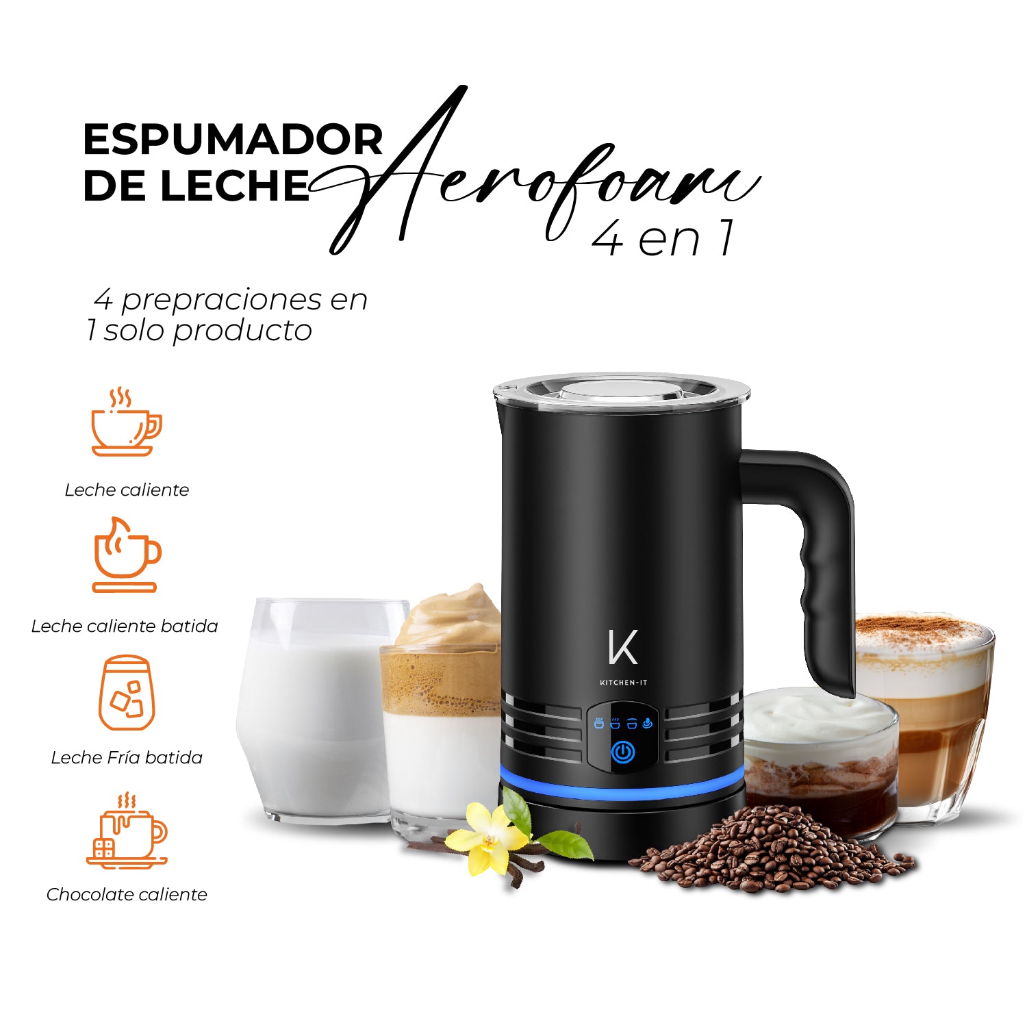 Espumador de Leche Aerofoam 4 en 1 Kitchen-It