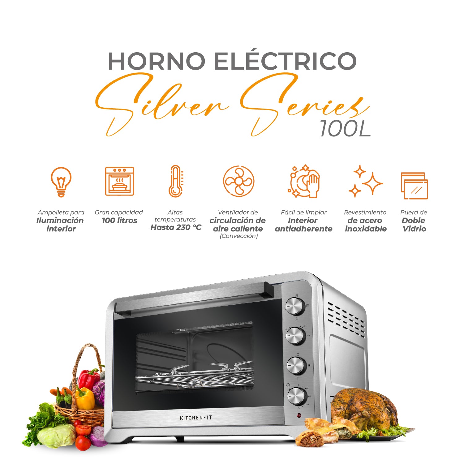 Horno Eléctrico 100L Silver Series +  Puerta doble vidrio, Convección y Spiedo