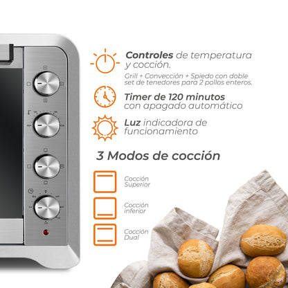Horno Eléctrico 100L Silver Series +  Puerta doble vidrio, Convección y Spiedo