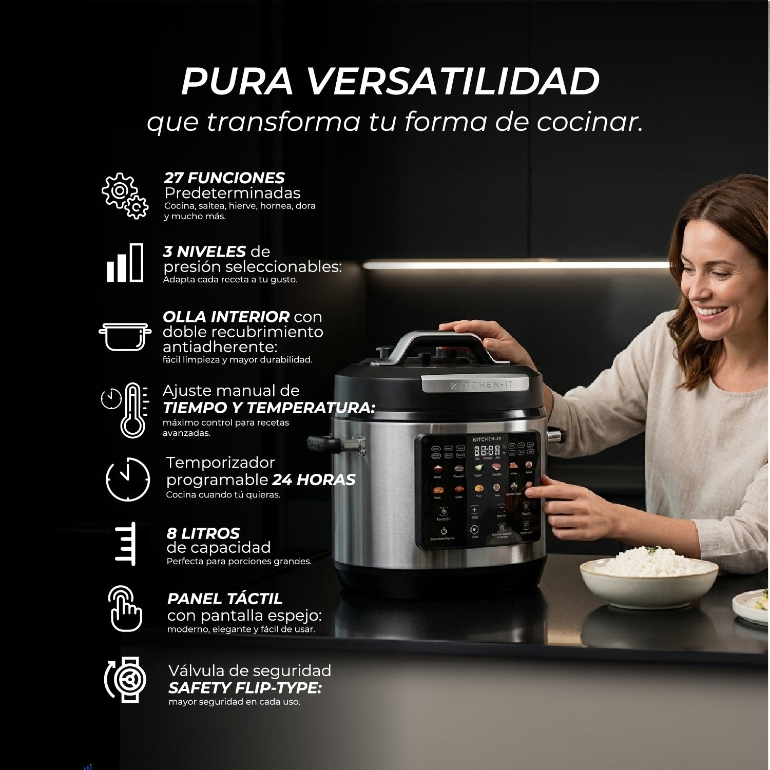 Olla a Presión Eléctrica Multifuncional 8L 27 en 1 | Multicooker XL Power Cook