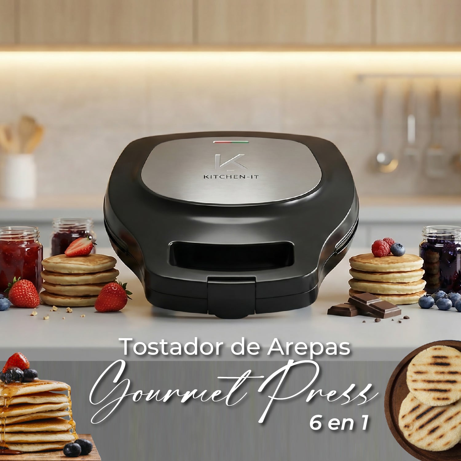 Máquina de Arepas y Panqueques Antiadherente -  Gourmet Press 6 en 1