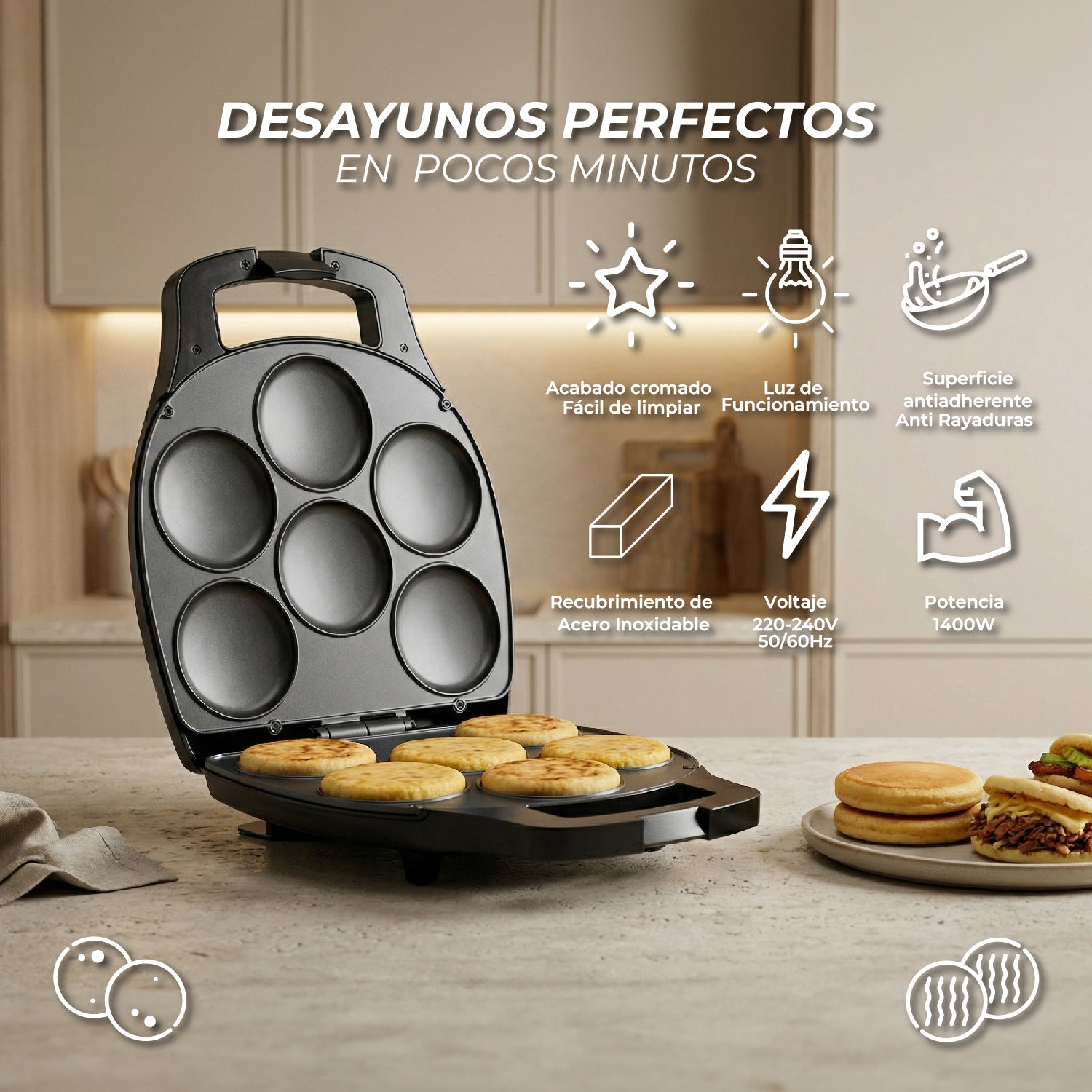 Máquina de Arepas y Panqueques Antiadherente -  Gourmet Press 6 en 1