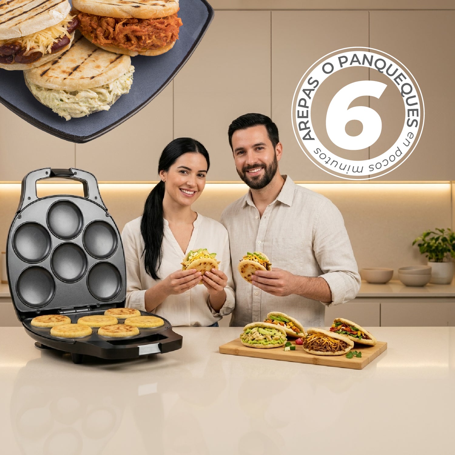 Máquina de Arepas y Panqueques Antiadherente -  Gourmet Press 6 en 1
