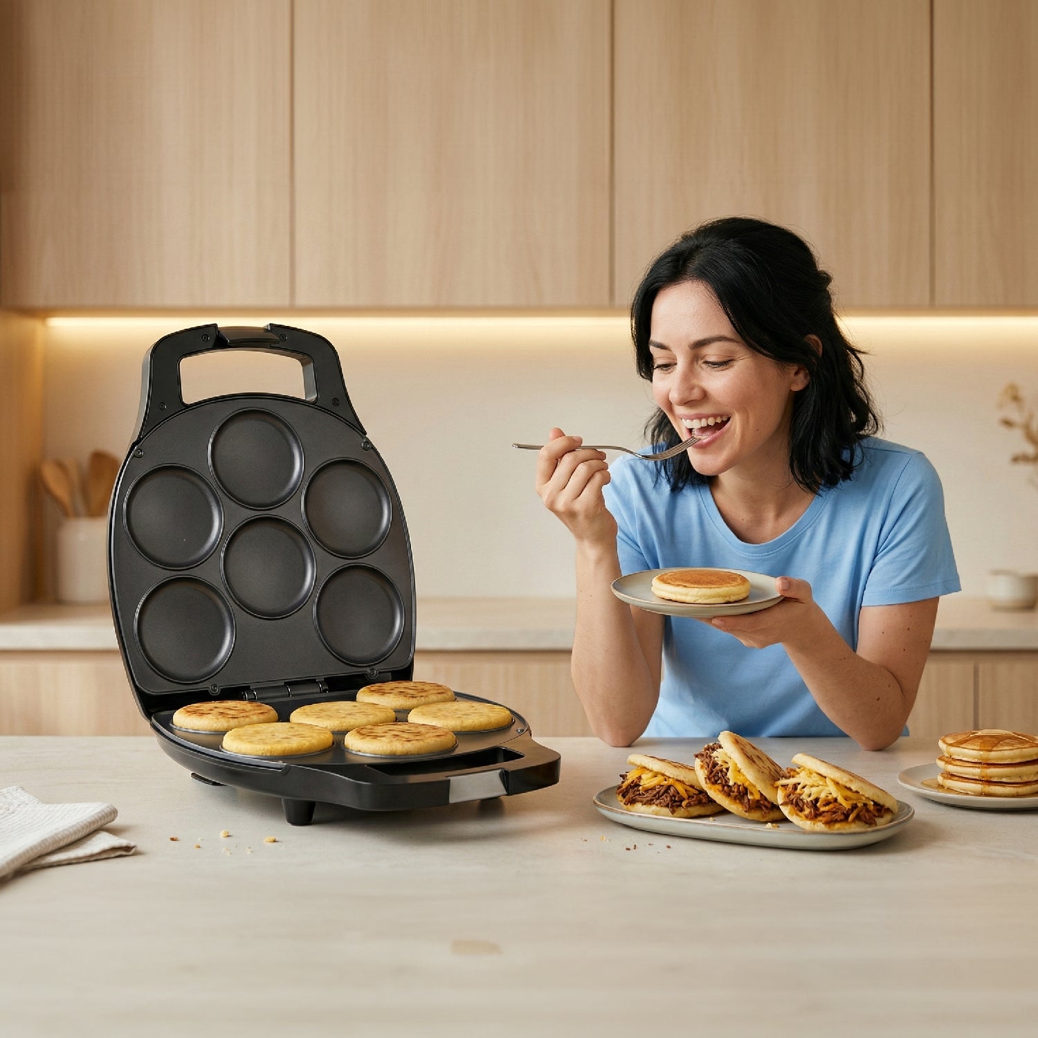 Máquina de Arepas y Panqueques Antiadherente -  Gourmet Press 6 en 1